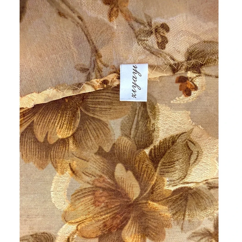 Vintage Xiyayi Floral Sheer Square Scarf Yellow Gold Brown Botanical Accessory